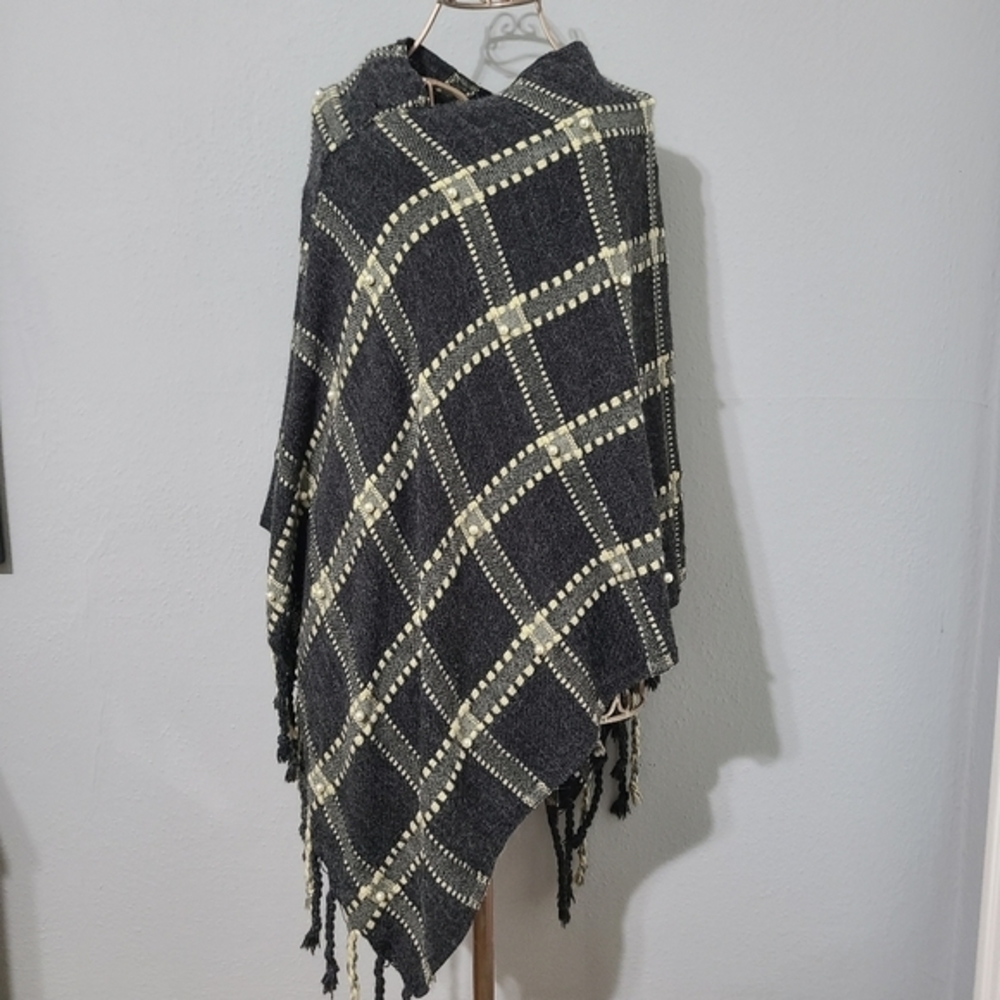 Plaid Boho Fringed Winter Blanket Poncho with Faux Pearls - One Size